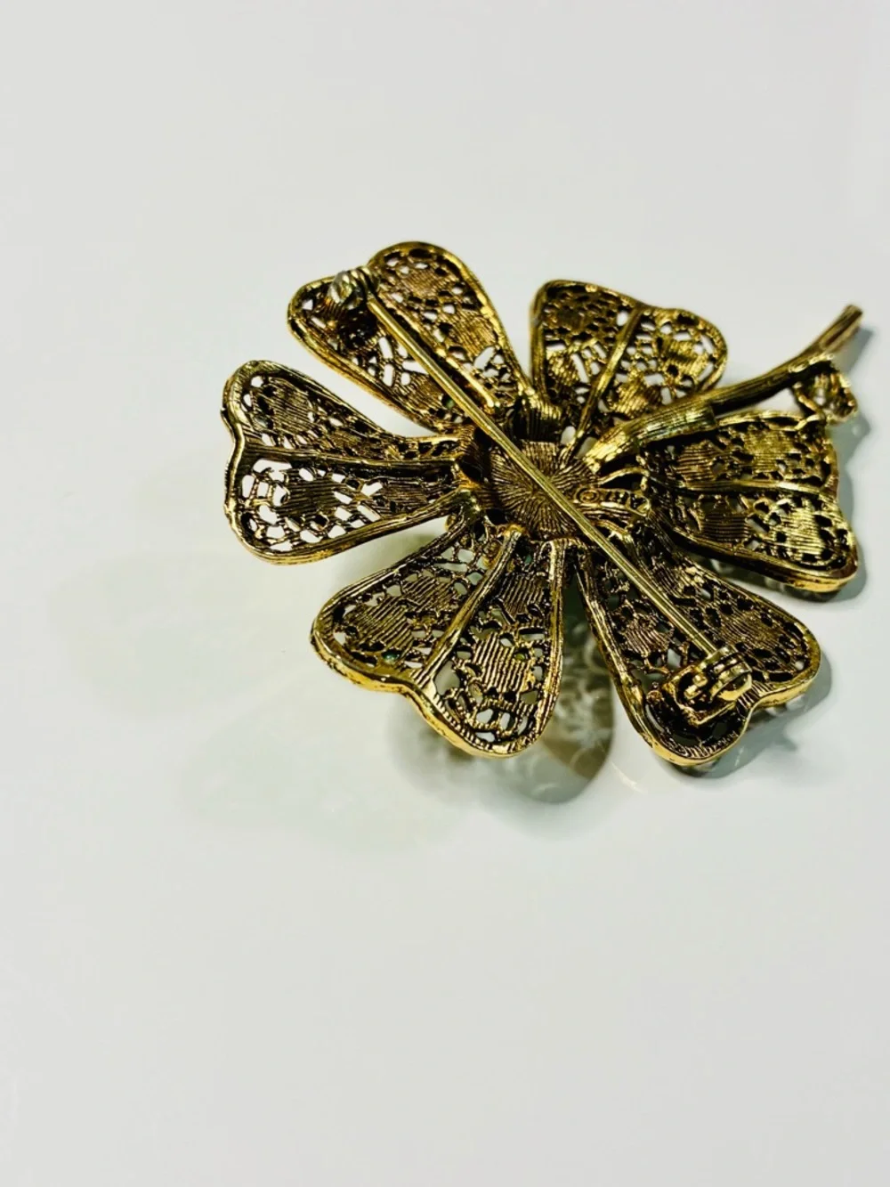VTG Art Floral Filigree Flower Brooch with Pale Blue Cabochon Signed Oversized